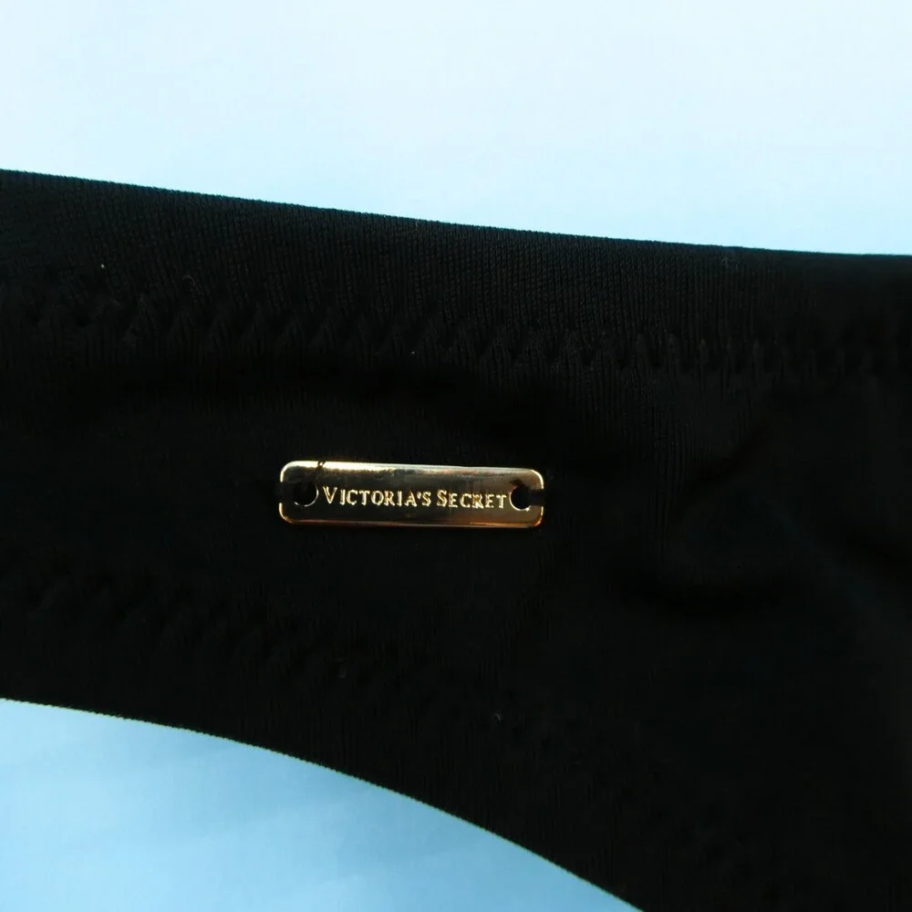 Victorias Secret Large Bikini Bottom Black Thong Deep Cut‎ VS Swimuit Retro New